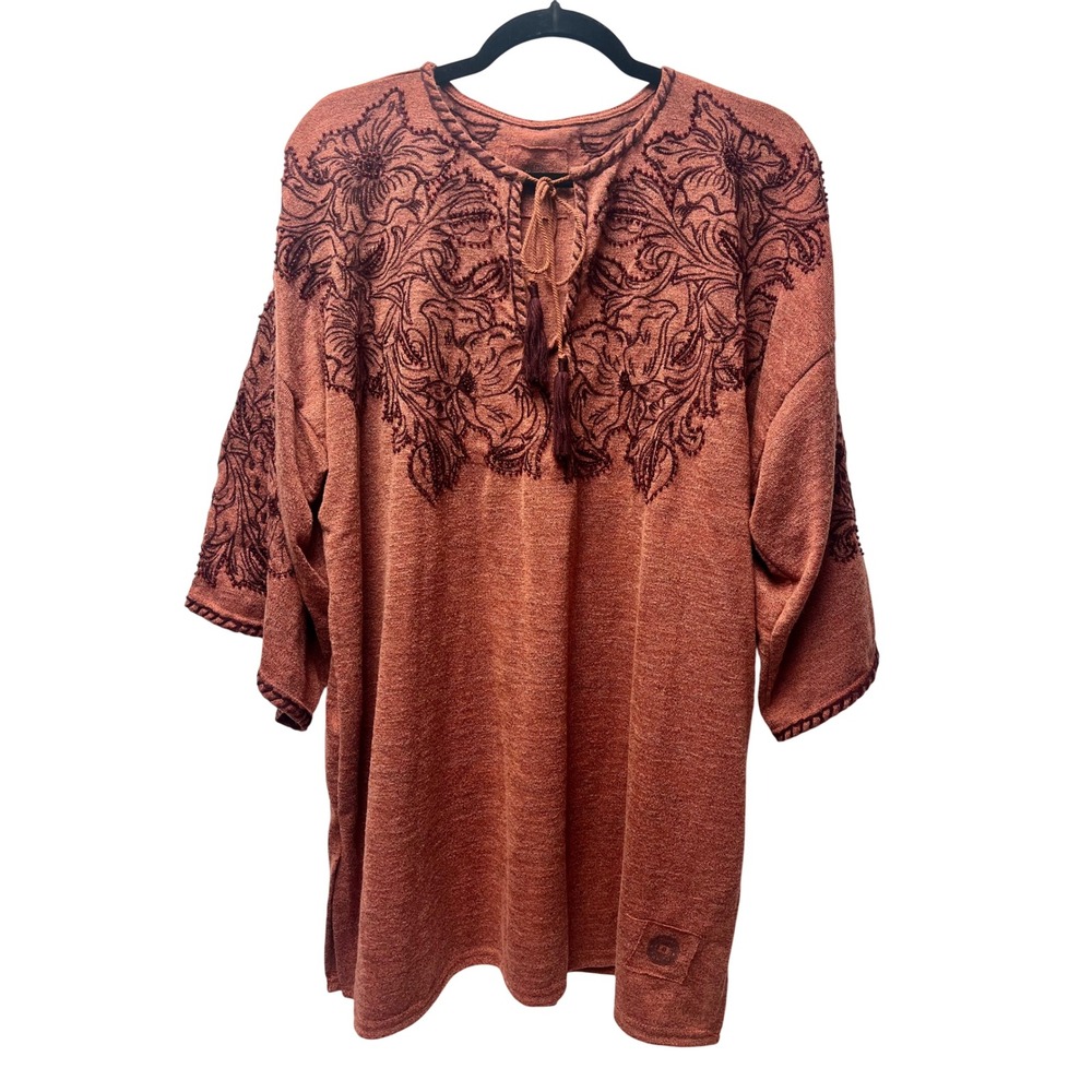 Double D Ranchwear Tunic Top 2X Terracotta Embroidered Beaded Tassel Western